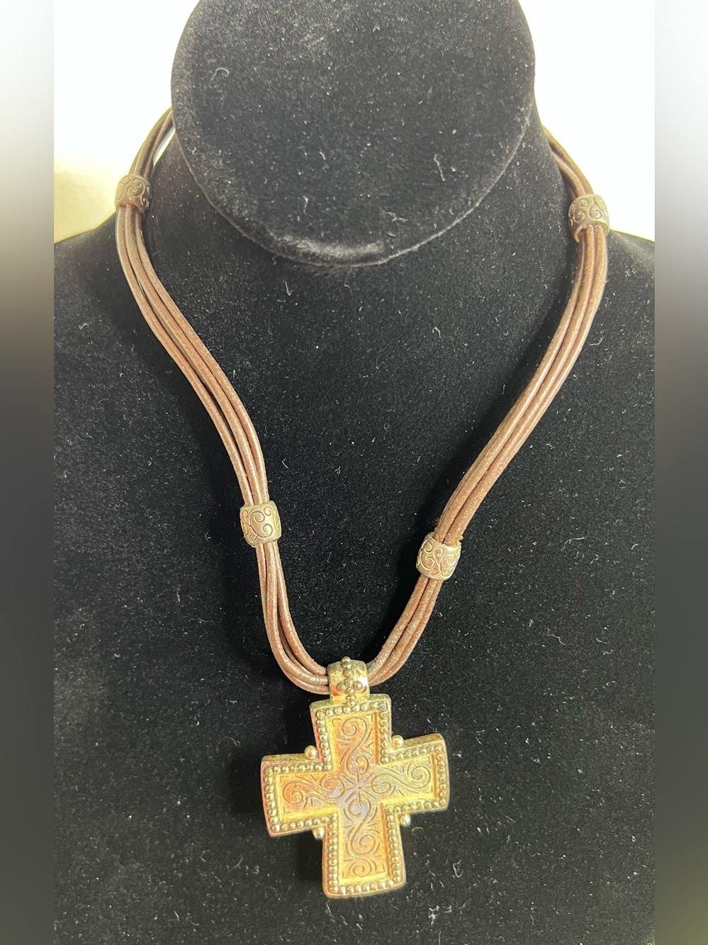 Vintage Premier Design Etched Rustic Cross with Leather Cord